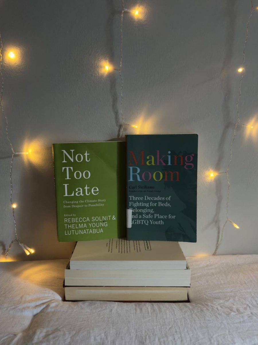 A quiet corner lit with warmth and purpose, this stack of books invites reflection on resilience and radical care. Not Too Late and Making Room both challenge despair—one by reimagining climate narratives, the other by fighting for dignity and shelter for LGBTQ youth. Together, they speak to the power of collective action and the urgency of creating spaces where hope can thrive. This isn’t just a reading nook — it’s a call to build a more compassionate world.