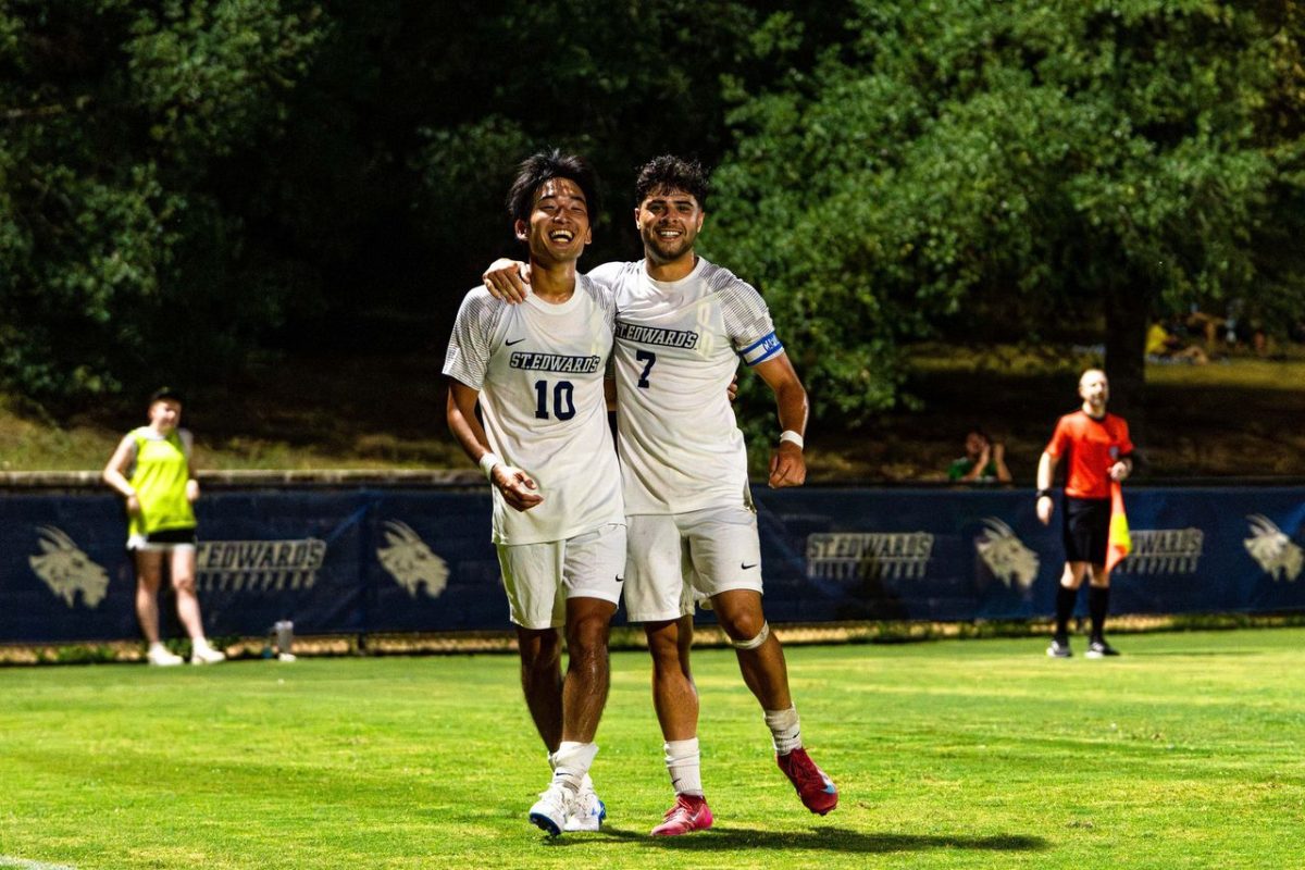 Shunji Watanabe and Arthur Souza embrace after Watanabe’s goal in the second half. Both players are graduate students spending their last few years of eligibility on the hilltop. Souza redshirted his freshman year at the University of Wisconsin Milwaukee, and Shunji spent his sophomore year at SEU, his first in the U.S., on the club soccer team.