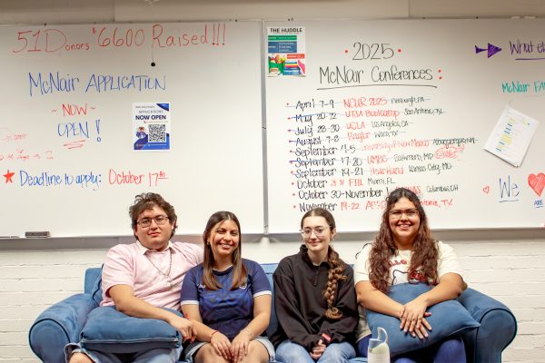 McNair scholars Monica Rodriguez, Stephany Merchan, Taylor Bratkovich and Ethan Everman during a recruiting session for the program.