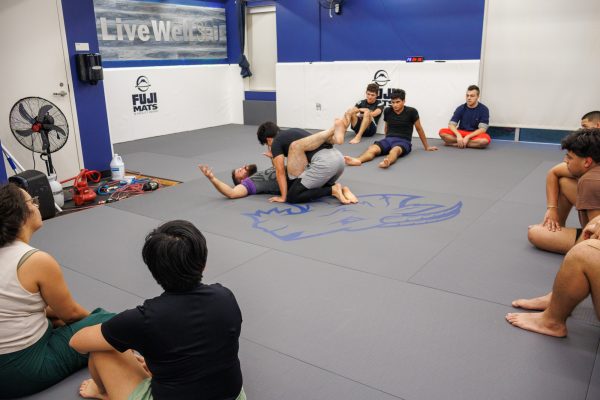 Jiu Jitsu club co-president Dominic Barone demonstrating a technique to attendees. Attendees split up into pairs and groups to practice different moves while instructor and coach Zach Lowery went around to different pairs to help them fix their form.
