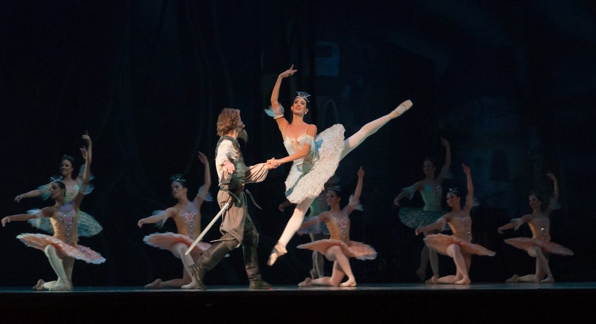 A ballet dancer leaping in the air towards her dance partner in a performance of Don Quixote. The Don Quixote ballet has been performed for over 150 years, first debuting in Moscow in 1869. Both ballet and opera have been a part of fine arts for centuries. 