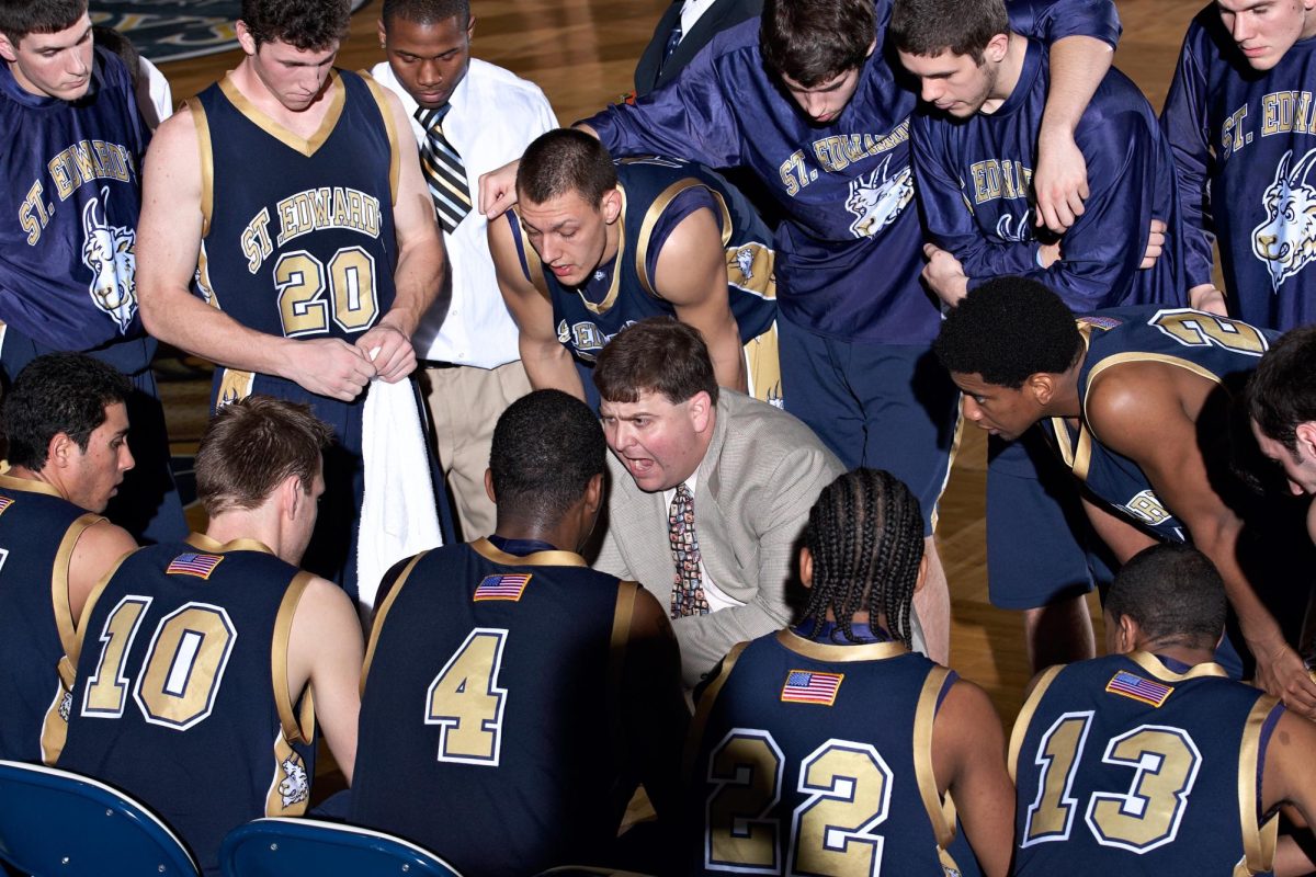 The 2007-2008 St. Edward’s men’s basketball team, coached by head coach Ryan Marks at St. Mary’s University circa February 2008.