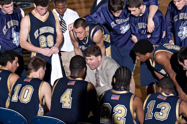 The 2007-2008 St. Edward’s men’s basketball team, coached by head coach Ryan Marks at St. Mary’s University circa February 2008.